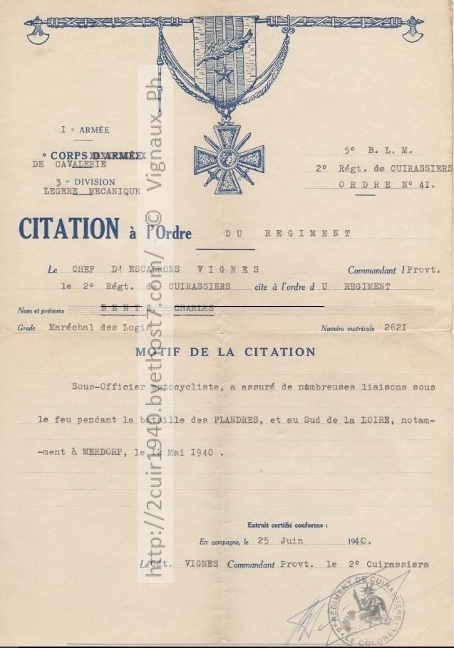 Charles Bentz 2ème régiment de Cuirassiers 1940
