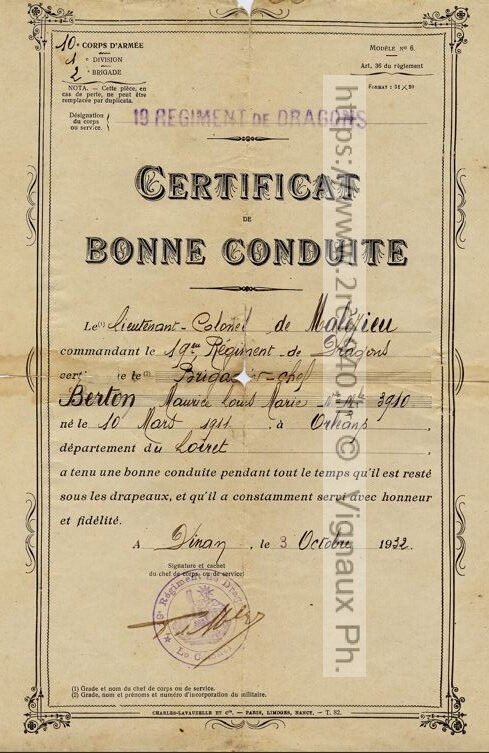 Maurice Berton
certificat de bonne conduite